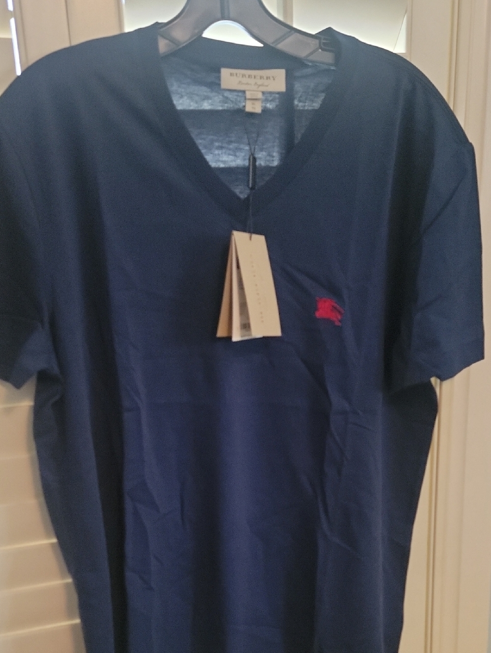 Burberry Vneck Cotton T-shirt In Navy